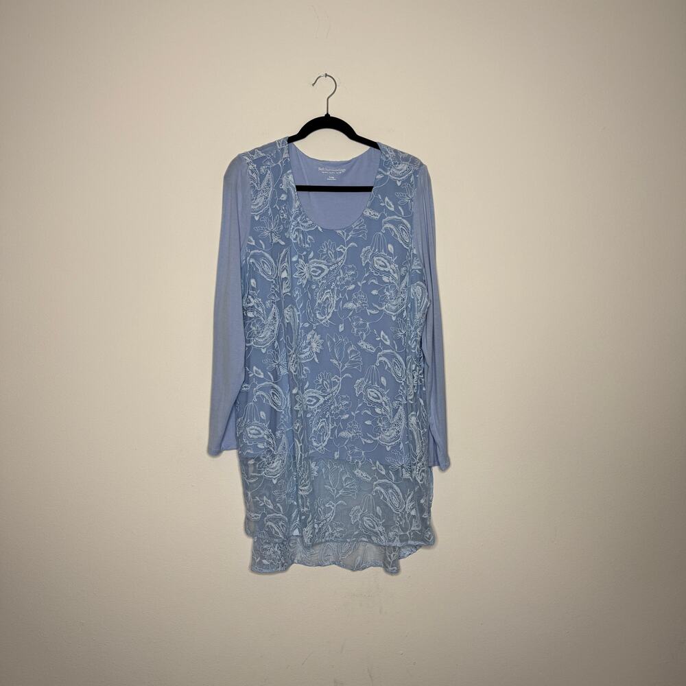 Soft Surroundings XL Silk Tunic Top Blue Embroidered Floral Sheer Overlay